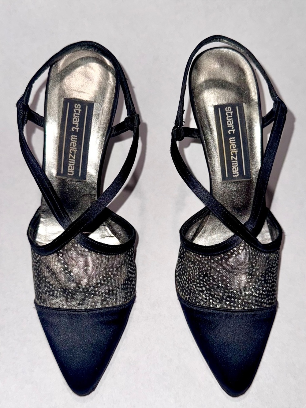 Stuart Weitzman Black Satin Sparkle Mesh Slingback Heels Sz 7 Spain 90s Y2K VTG